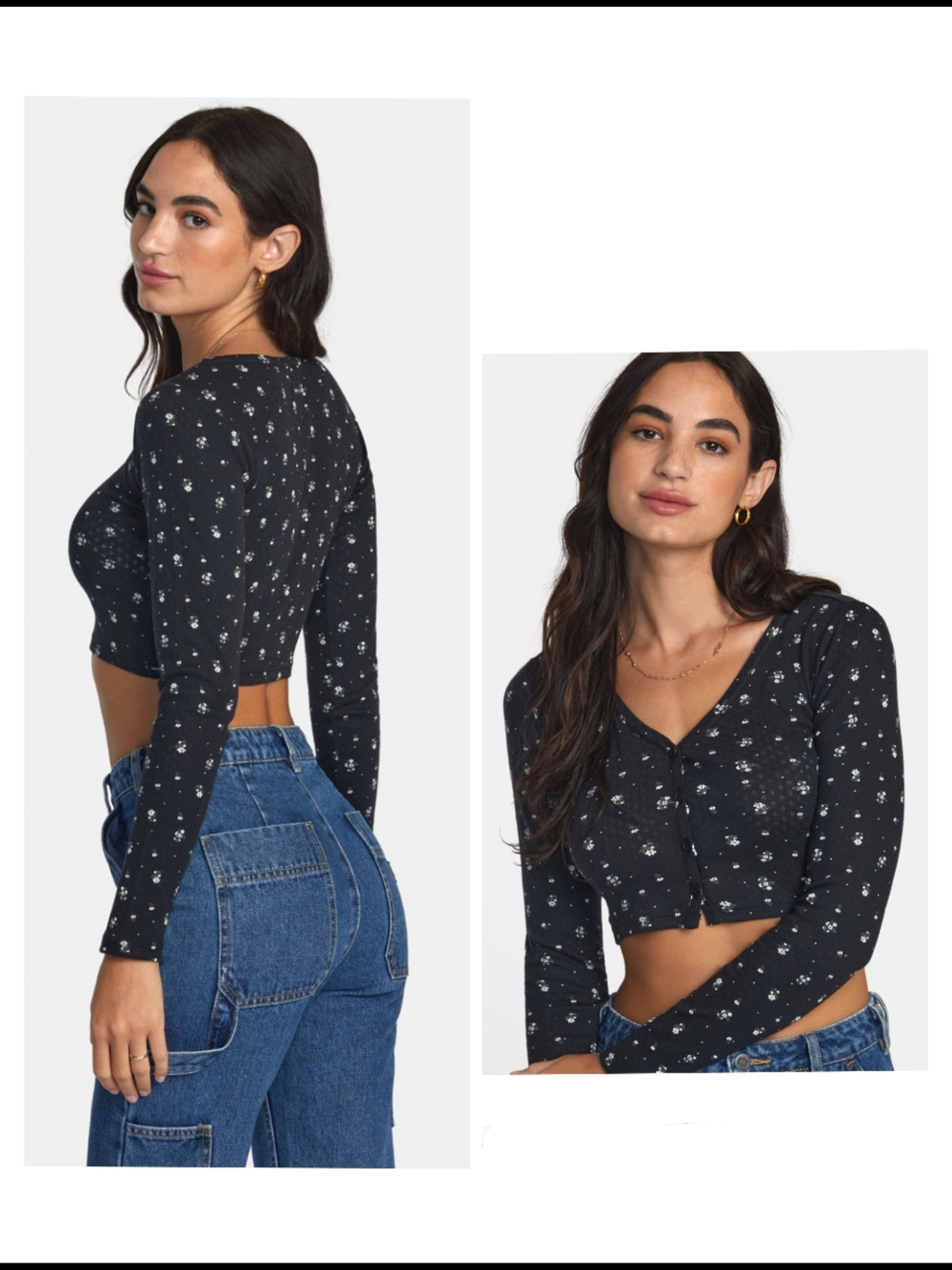 Hollister Black Floral Cropped Button-Front Long Sleeve Top
